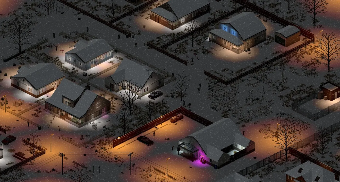 Vue aérienne nocturne d'un quartier pavillonnaire sous la neige : maisons éclairées par les lampadaires, zombies dispersés dans les rues et les jardins