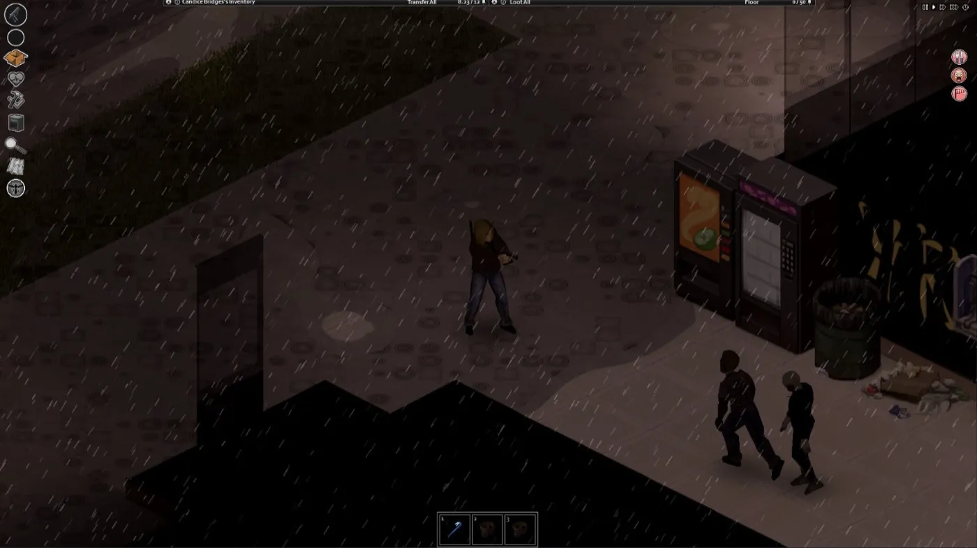 Ruelle nocturne sous la pluie : une survivante armée fait face à deux zombies près de distributeurs automatiques
