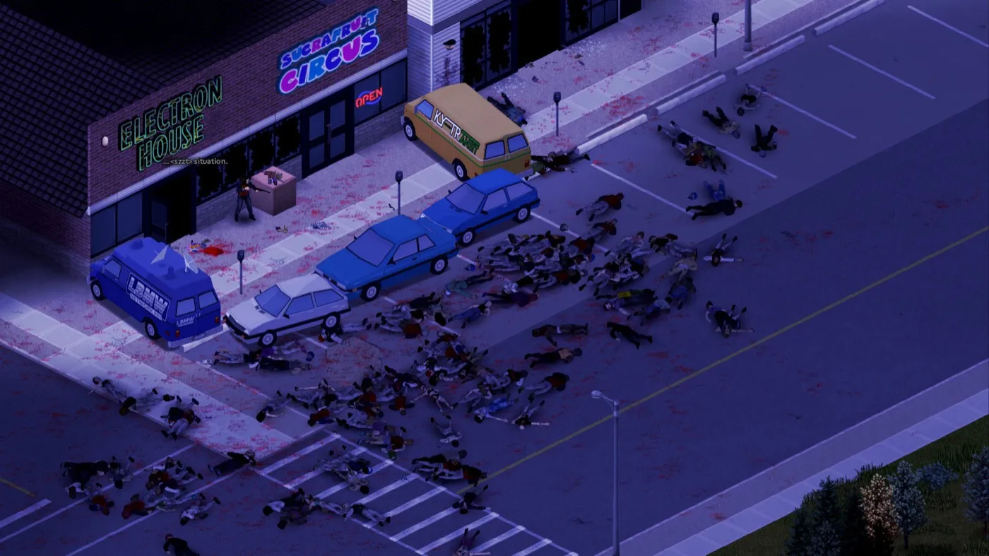 Parking de rue commerçante de nuit, jonché de dizaines de cadavres de zombies, enseignes au néon allumées