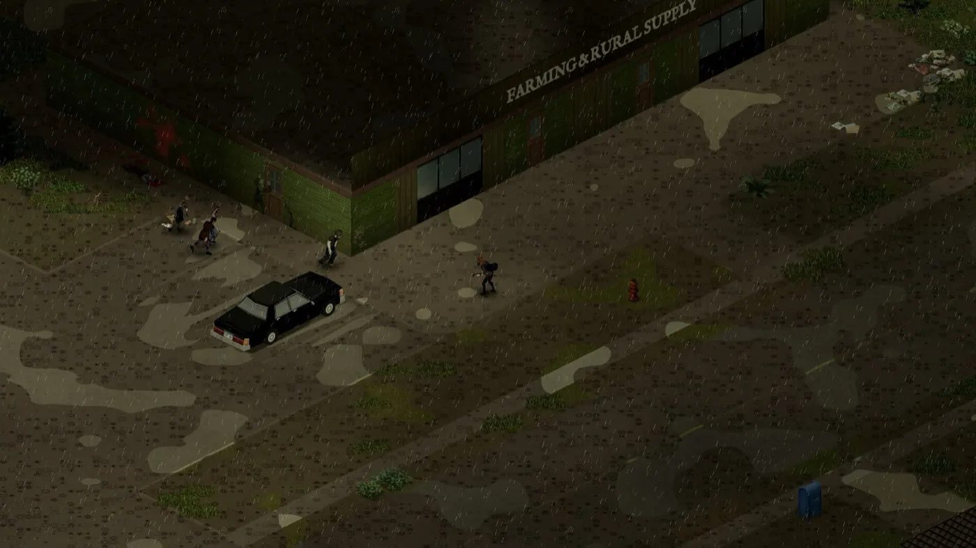 Sous la pluie, un survivant s'éloigne en courant de plusieurs zombies sur le parking d'un magasin d'approvisionnement agricole